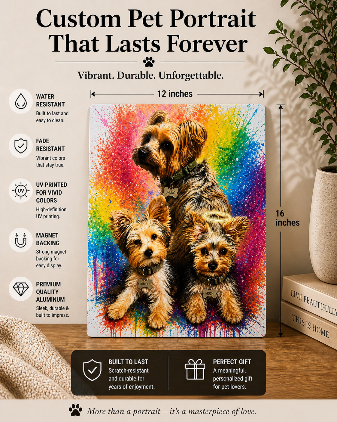 Custom 3 Pet Portrait Metal Wall Art – UV Printed Aluminum | Personalized Dog Canvas (12” x16”)