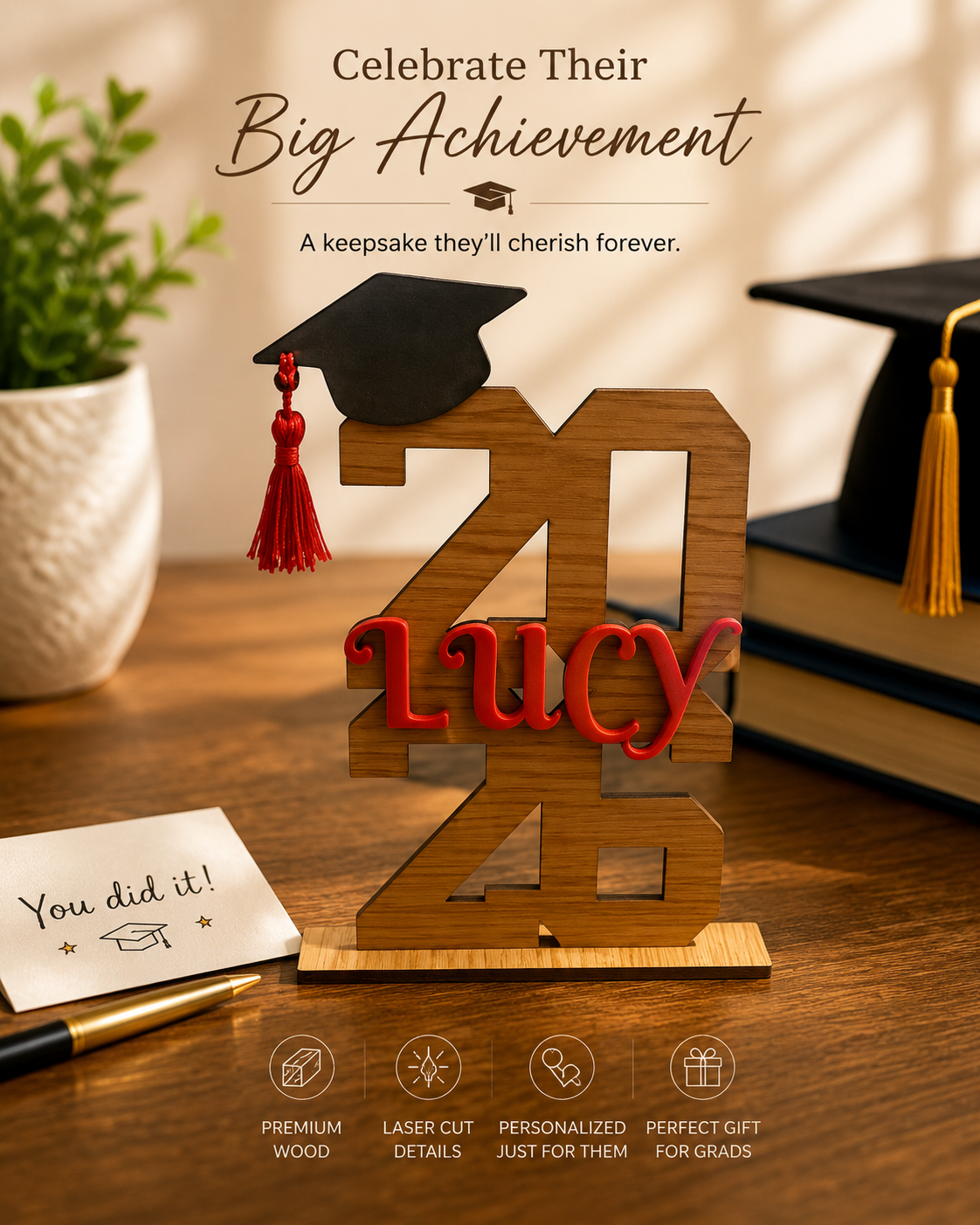 Personalized Graduation Name Vertical Sign – Class of 2026 Custom Wood Display | Laser Cut Keepsake Gift