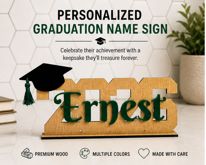 Personalized Graduation Name Horizontal Sign – Custom Class of 2026 Gift (Wood Laser Engraved)
