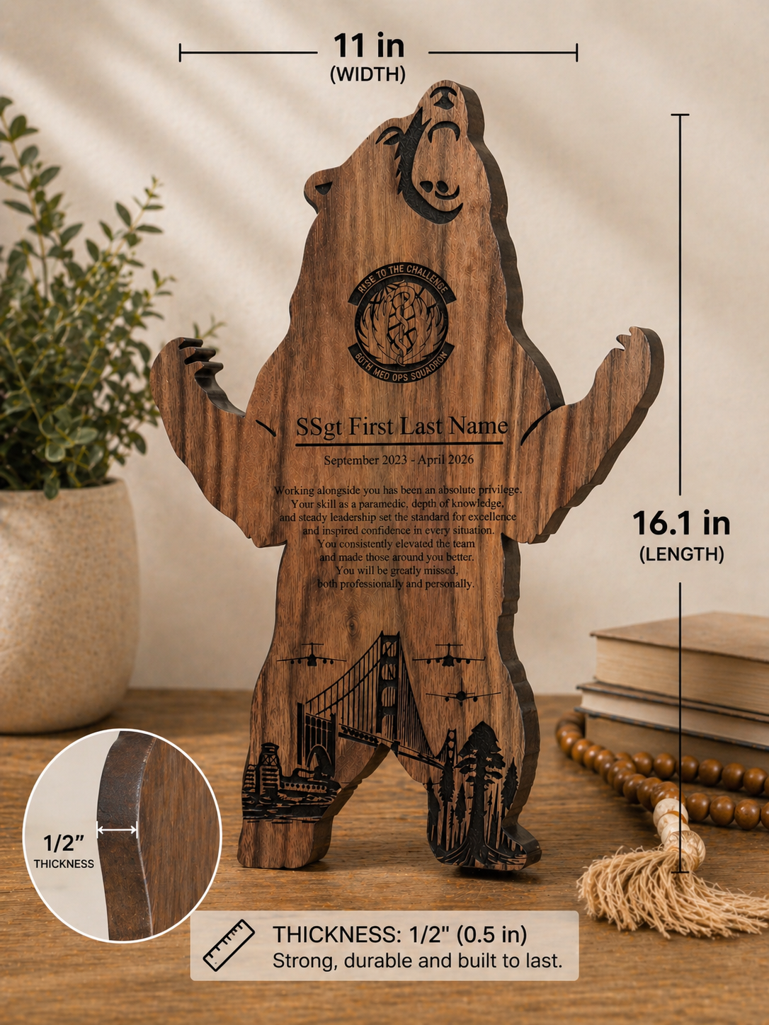 Custom Military Plaque – Engraved Bear Wood Tribute | Personalized Service Award Gift