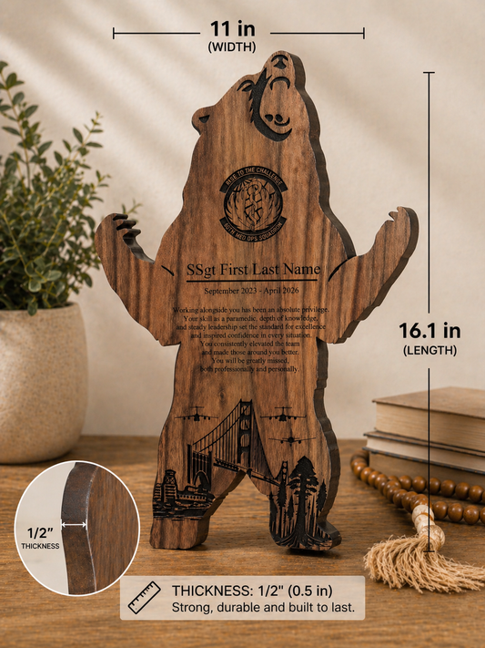 Custom Military Plaque – Engraved Bear Wood Tribute | Personalized Service Award Gift