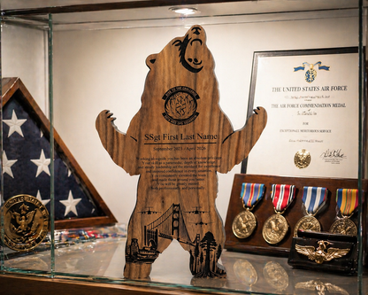 Custom Military Plaque – Engraved Bear Wood Tribute | Personalized Service Award Gift