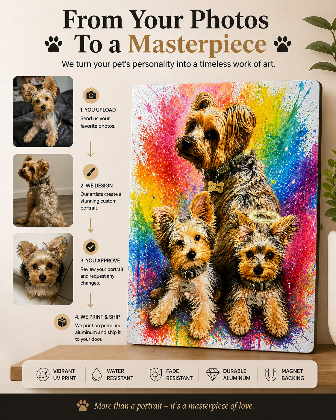 Custom 3 Pet Portrait Metal Wall Art – UV Printed Aluminum | Personalized Dog Canvas (12” x16”)