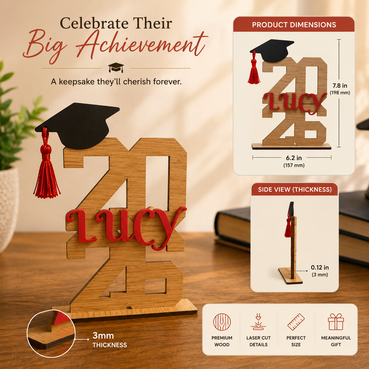 Personalized Graduation Name Vertical Sign  – Class of 2026 Custom Wood Display | Laser Cut Keepsake Gift