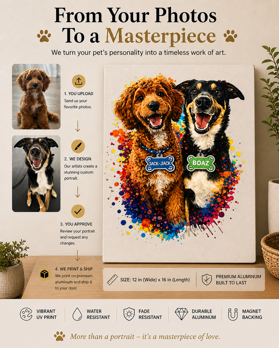 Custom Pet Portrait Metal Wall Art – UV Printed Aluminum | Personalized Dog Canvas (12” x 16”)